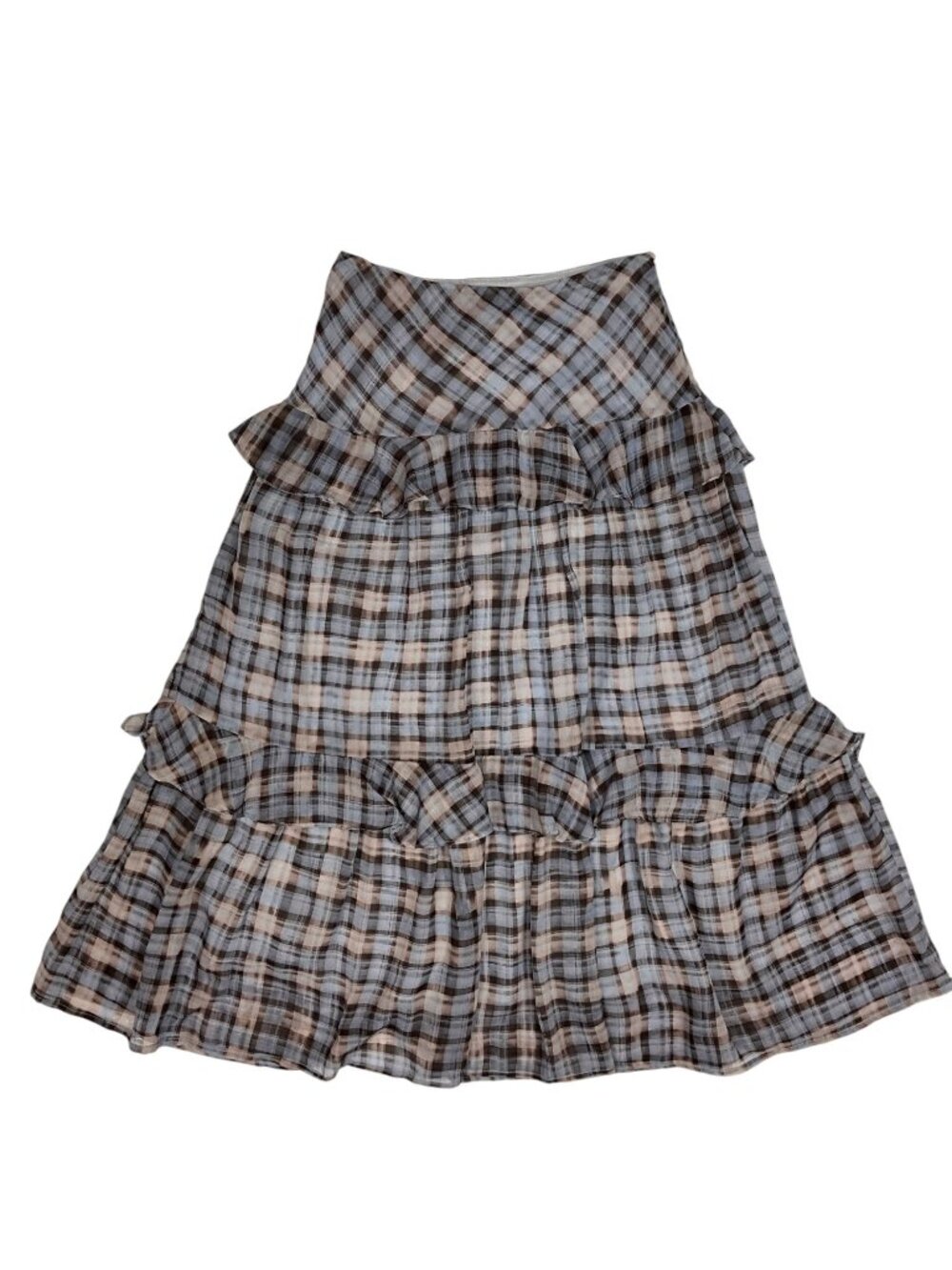 En Saison Briar Plaid Ruffle Tiered Midi Skirt XS Brown Blue Western - Picture 13 of 13